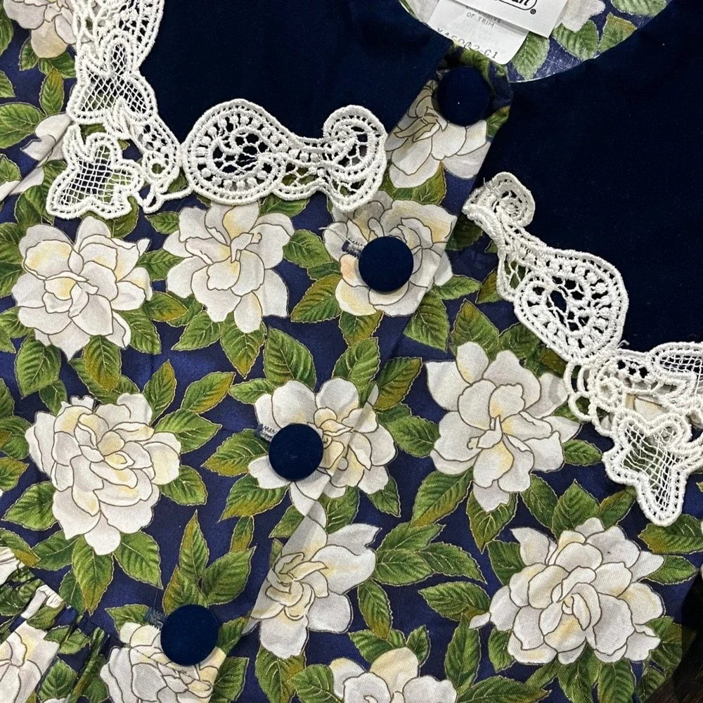 Bonnie Jean Dress Floral Velvet Navy Blue White Roses Lace Collar‎ Girls's 7